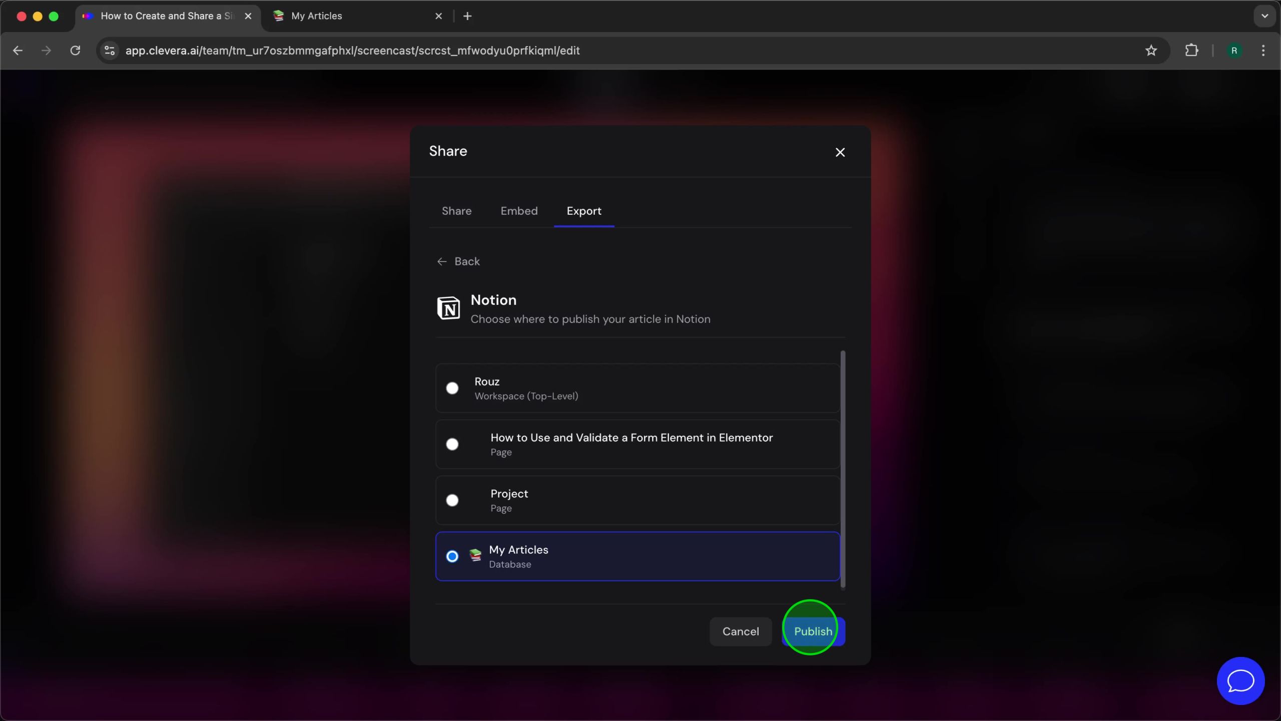 Notion publishing options with My Articles selected and Publish button highlighted